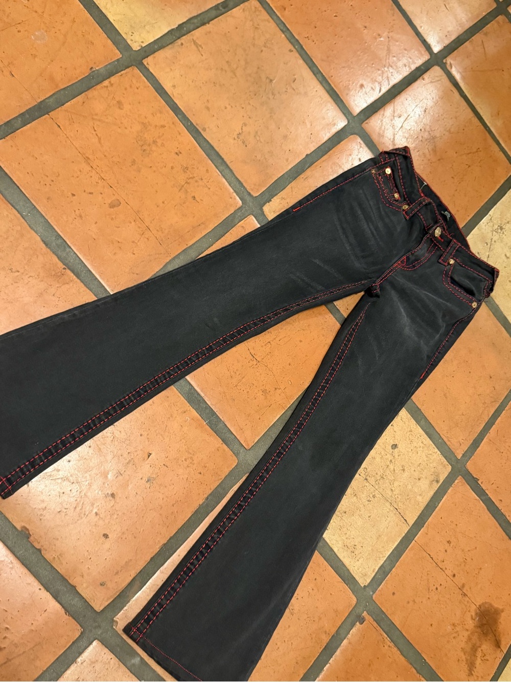 True Religion Black Flare Jeans with Red Stitching